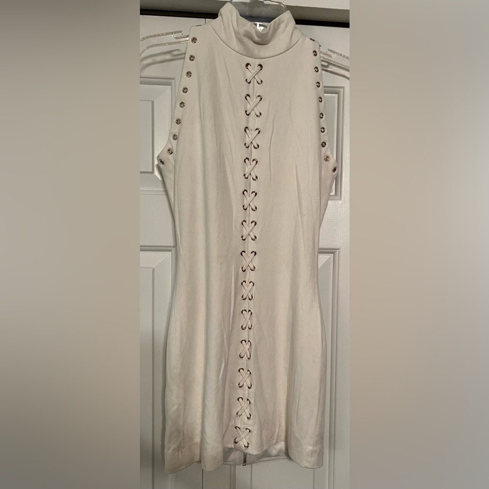 House of CB London Ivory Faux Suede Bodycon Lace-Up Mini Dress EUC S #2485 - Picture 4 of 10